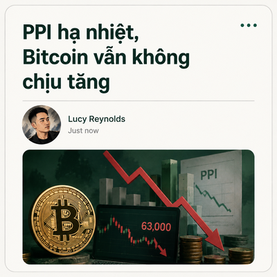 The image depicts a Bitcoin coin and charts showing a downward trend, with the text "PPI ha nhiet, Bitcoin van khong chiu tang" (PPI cools off, Bitcoin still refuses to rise) and "63,000" visible, reflecting the accompanying post's theme of declining PPI and Bitcoin's stagnant price despite good data.