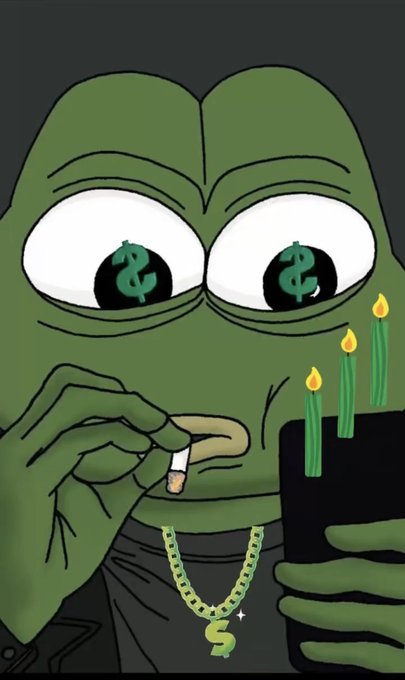 A Pepe the Frog meme illustration depicting the cartoon character with dollar signs in his eyes, smoking a blunt, wearing a gold dollar-sign chain, and holding a birthday cake with three lit candles.