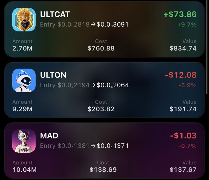 A cryptocurrency portfolio app showing three tokens: ULTCAT (+$73.86, +9.7%, Value $834.74), ULTON (-$12.08, -5.9%, Value $191.74), and MAD (-$1.03, -0.7%, Value $137.67).