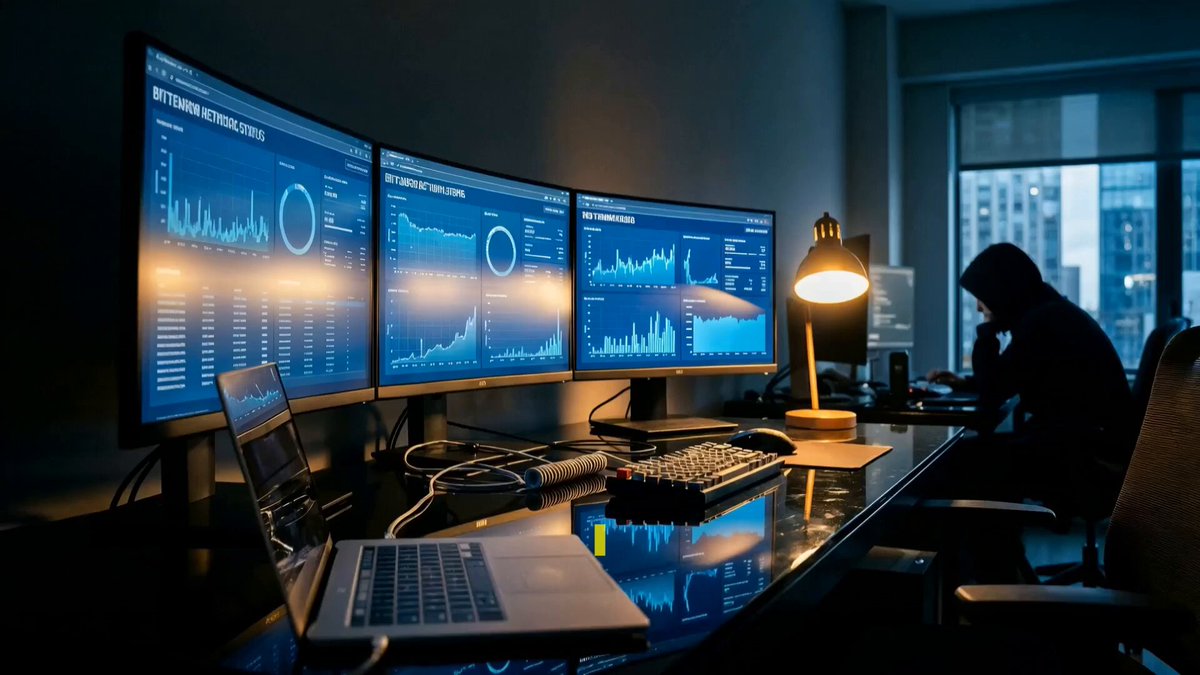 The image shows a person sitting at a desk with three computer monitors, two laptops, and a keyboard. The screens display various graphs and charts, suggesting that they are working on a project related to network security or data analysis. A lamp is also present in the scene, providing light for the workspace.