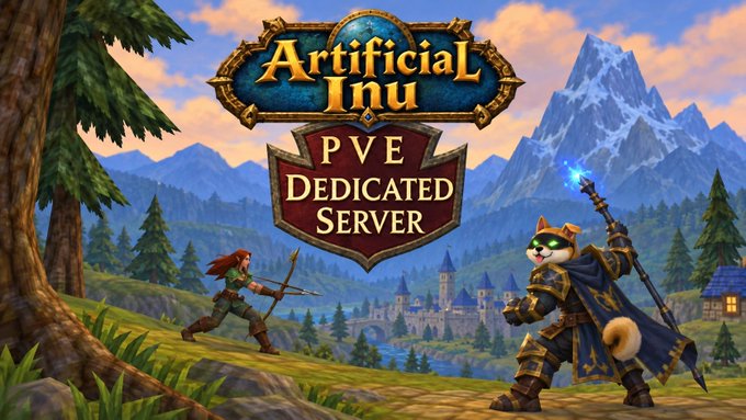 The image shows promotional artwork for "Artificial Inu PvE Dedicated Server," featuring a World of Warcraft-style scene with an archer character and a cat-like mage character in a fantasy landscape. The medieval gaming aesthetic ties into the post's theme of $AI token pairing mechanics, using the "PvE server" concept to illustrate how pairing $AI with $NVDA creates more active and valuable token interactions.