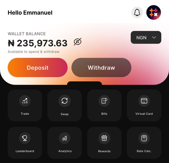 Screenshot of the QuickChain app dashboard greeting "Hello Emmanuel" with a wallet balance of ₦235,973.63 NGN, featuring Deposit and Withdraw buttons alongside icons for Trade, Swap, Bills, Virtual Card, Leaderboard, Analytics, Rewards, and Rate Calc—visually supporting the post's message to generate a deposit account number via the Deposit button.