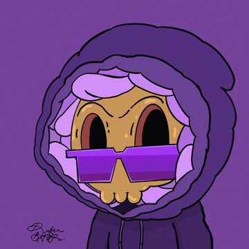 Digital illustration of a stylized character with a skull-like face wearing purple sunglasses and a purple hooded sweatshirt against a solid purple background.