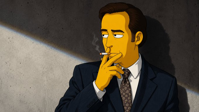 A cartoon illustration in The Simpsons style depicting a man in a dark suit smoking a cigarette against a gray concrete wall.