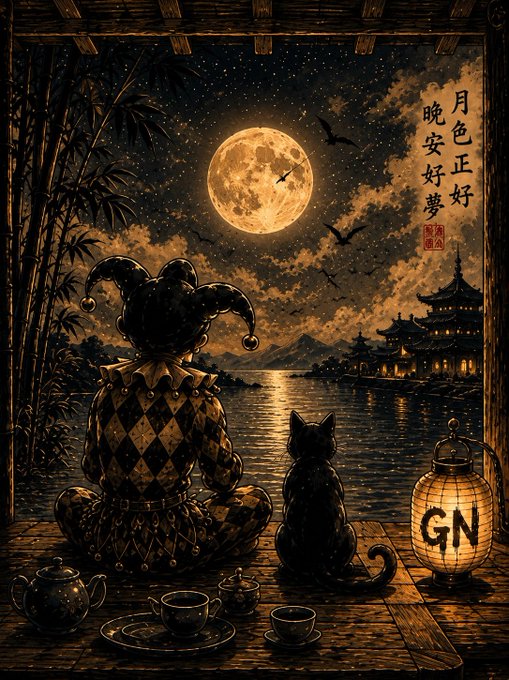 An artistic illustration shows a jester and a black cat sitting under a full moon, looking out over water toward an illuminated pagoda, with Chinese characters and a lantern marked 'GN' in the foreground.