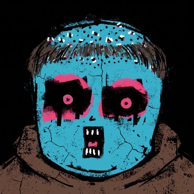 This unsettling, stylized portrait with cracked blue skin and vacant black eyes appears to represent someone experiencing extreme emotional distress, or perhaps a negative reaction to their experience with "Robinhood NFT." The post's question and accompanying image suggest a critique or commentary on the volatile nature of NFTs, potentially within the context of platforms like Robinhood.