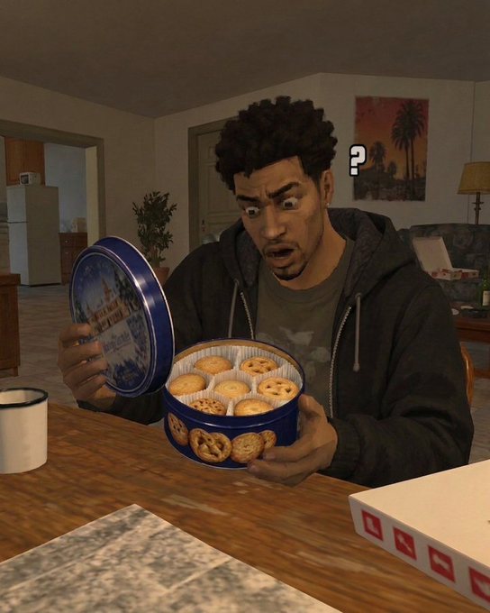 A 3D-rendered man seated at a table looks surprised while holding an open blue tin filled with cookies; a white question mark floats beside his head, and the tin lid shows partially readable text including “BRITISH SHORTBREAD.”