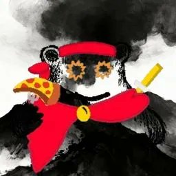 A stylized, sketchy drawing of a figure in a red military-style uniform with gold epaulettes and a hat, standing against a dark background with dark smoke.