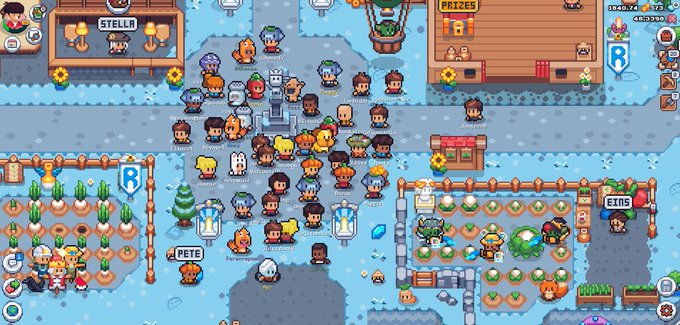 A pixel-art video game scene depicting a crowded snowy village with characters, crops, and buildings labeled 'STELLA', 'PRIZES', 'PETE', and 'EXITS'.