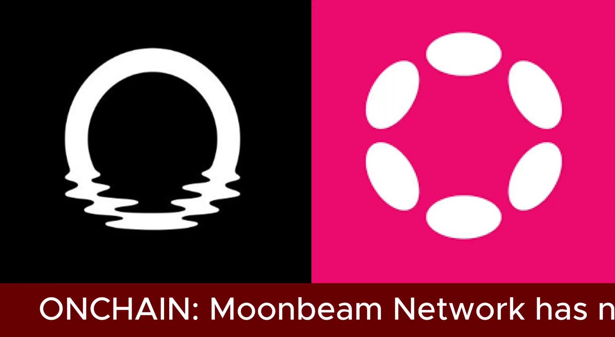 The image features a black and white logo with a circle and a pink circle. The text "Onchain: Moonbeam Network has n" is written below the logos. This suggests that the Moonbeam Network has recently achieved a significant milestone, as indicated by the 90,000,000 transactions it has processed.