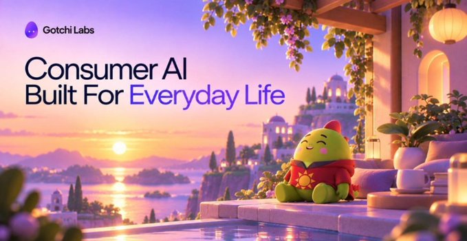 A promotional graphic for "Gotchi Labs" featuring the tagline "Consumer AI Built For Everyday Life" displayed alongside a green cartoon mascot wearing a red scarf in a scenic Mediterranean-style sunset setting.