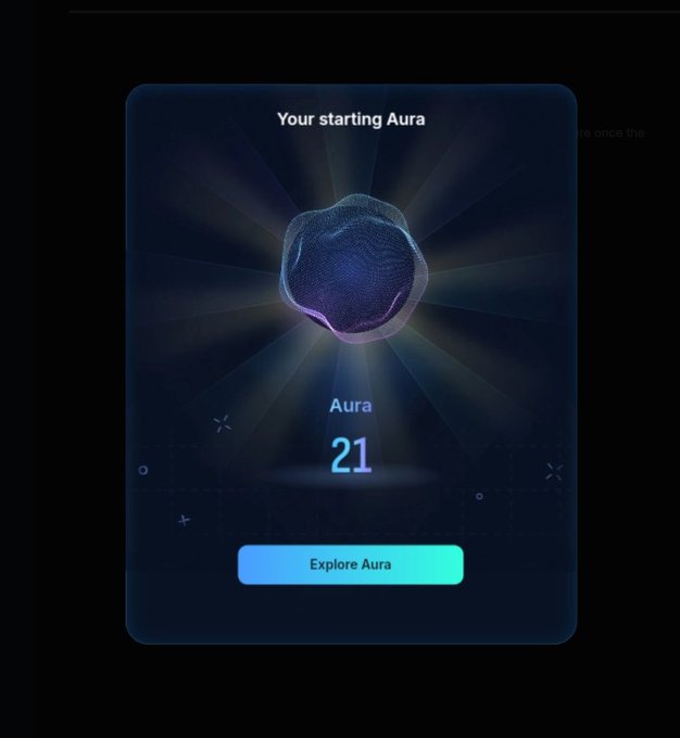 A dark screen displays 'Your starting Aura' with a glowing purple rock-like object and the number '21', along with an 'Explore Aura' button.