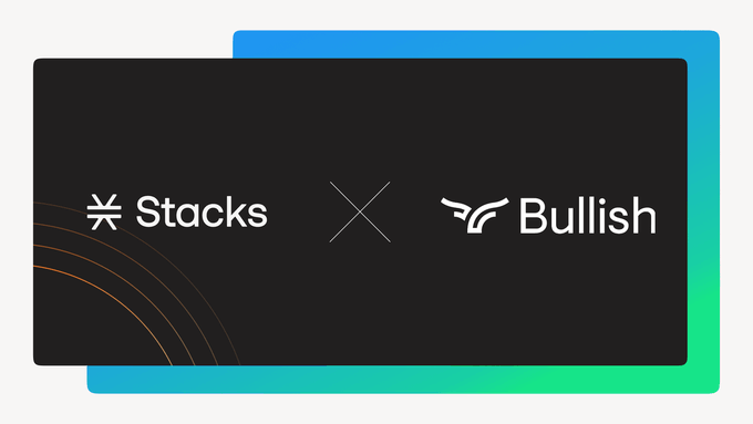 The image is a promotional graphic announcing a partnership between Stacks and Bullish, featuring the Stacks logo alongside the Bullish logo separated by an "X" on a dark background with blue and green gradient accents. This visual accompanies the news that STX is now live on Bullish, a major trading venue for BTC spot volume, expanding institutional access to Stacks across 50+ jurisdictions.