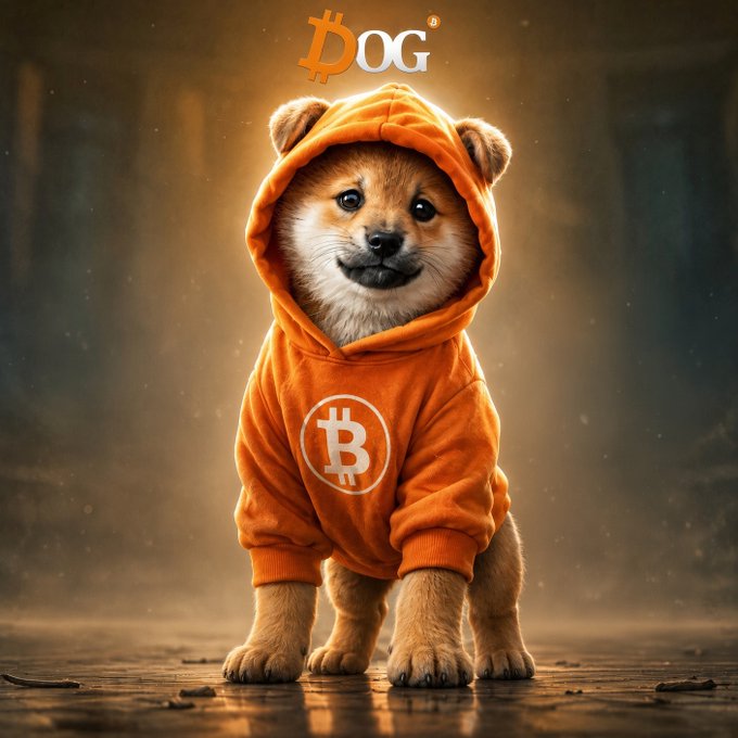An AI-generated illustration of a cute Shiba Inu dog wearing an orange hoodie with a Bitcoin logo, with the text 'DOG' (where the 'O' is a Bitcoin symbol) displayed at the top.