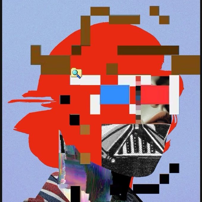 A glitch art piece featuring pixelated blocks of color and partial images of a face and clothing on a light blue background.
