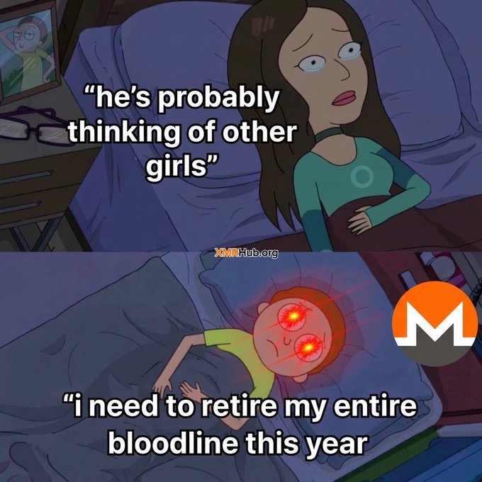 A two-panel meme showing a woman in bed thinking 'he's probably thinking of other girls' while the man beside her lies awake with glowing red eyes thinking 'i need to retire my entire bloodline this year,' featuring the Monero logo and XMRHub.org watermark.