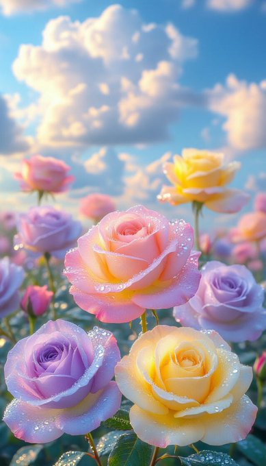 A vibrant field of pastel-colored roses in shades of pink, purple, yellow, and white, with sparkling dewdrops on their petals, blooms under a bright blue sky dotted with soft, fluffy clouds.
