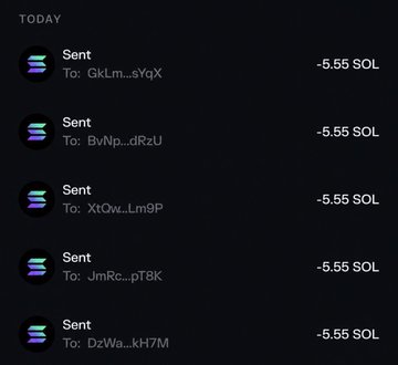 A screenshot of a transaction history showing five "Sent" transactions, each for -5.55 SOL, to various wallet addresses. The image appears to support the caption about an airdrop giveaway, illustrating the act of sending SOL tokens to multiple recipients as part of the promotion.