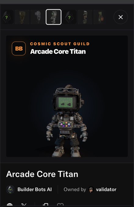 A digital NFT listing for an "Arcade Core Titan" collectible from the "Cosmic Scout Guild," created by Builder Bots AI and owned by validator, depicting a robot with a retro gaming monitor head and sunglasses.