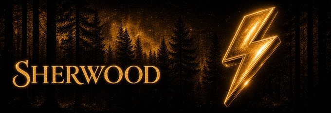 A dark banner with a forest background displaying the word "SHERWOOD" in golden letters next to a glowing golden lightning bolt.