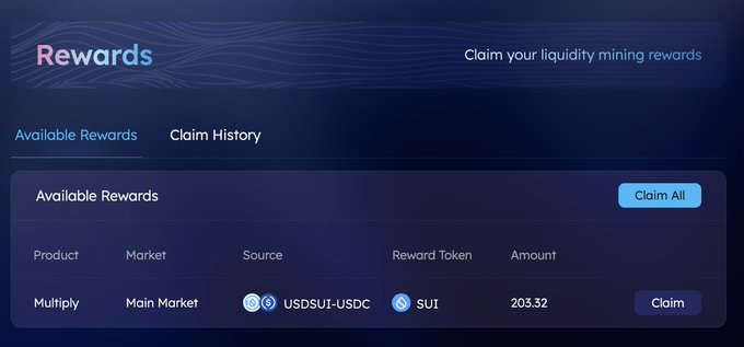 A dark-themed cryptocurrency rewards dashboard shows available SUI tokens (203.32) to claim from liquidity mining in the USDSUI-USDC market on a platform called Multiply.