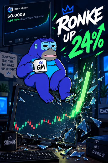 A colorful meme illustration featuring a blue gorilla character sitting on a shattered monitor showing a green upward chart, with text 'RONIN MONKE $0.0008 +24.07%' and 'RONKE UP 24%'.