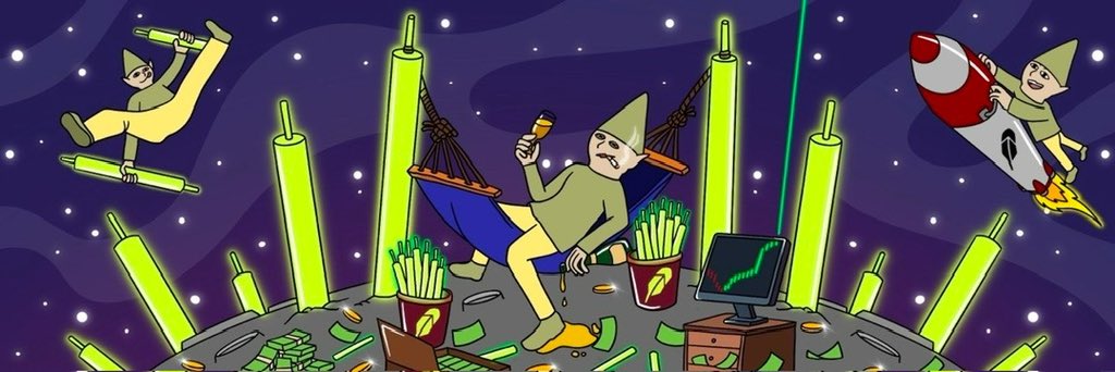 A cartoon illustration of characters in green hoodies lounging on a planet surface surrounded by large green candles, with one character in a rocket ship and another floating on a candle.