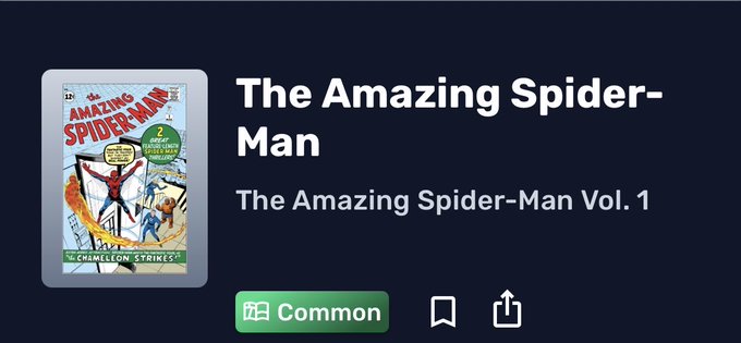 A digital display showing "The Amazing Spider-Man Vol. 1" with a vintage comic book cover featuring Spider-Man and Chameleon, tagged as "Common" with bookmark and share icons.