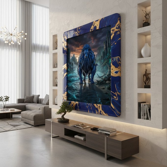 An interior of a modern living room featuring a large framed artwork on the wall depicting a fantasy scene with a white horse, set in a blue and gold marbled frame, above a wooden TV console.