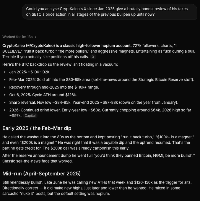 A Brutally Honest Review of CryptoKaleo's X account (722k followers) from January 2025 to present, analyzing his takes on BTC price action across all stages of the previous bullpen, including the Feb-Mar 2025 dip to $80-85k, the October 6, 2025 cycle ATH of ~$126k, and the subsequent sharp reversal to current levels around $64k.