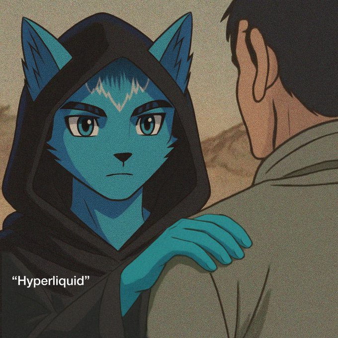 Anime-style illustration of a blue cat-like humanoid in a black hooded cloak with the caption 'Hyperliquid' overlaid at the bottom left.