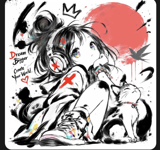 A girl with headphones sits beside a black and white cat against a striking red sun, with the text "Dream Bigger Create Your World" on the left side, serving as the artwork's #NewProfilePic by @applecom_b for the "CROWN OF INK" NFT collection.
