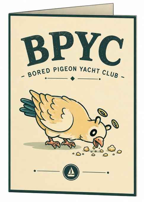 A greeting card-style illustration titled "BPYC - BORED PIGEON YACHT CLUB" featuring a cartoon pigeon pecking at crumbs with a small sailboat logo at the bottom.