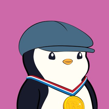 A cartoon penguin mascot wearing a blue beret and a gold medal on a red, white, and blue ribbon, set against a pink background.