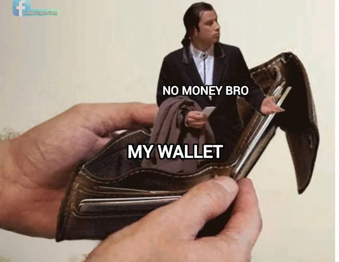 A humorous meme shows a small cutout of a man in a suit emerging from an empty brown wallet held in a person's hands, with text reading 'MY WALLET' and 'NO MONEY BRO', watermarked with 'Global Crypto Daily'.