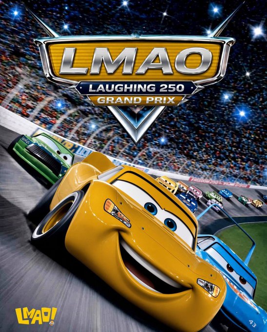 The promotional image features animated race cars on a track with the bold logo "LMAO LAUGHING 250 GRAND PRIX" and a yellow car with eyes and a wide grin leading the pack—capturing the high-speed, competitive racing energy that aligns perfectly with the post's rallying cry of "Focus. Speed. See you on the racetrack."