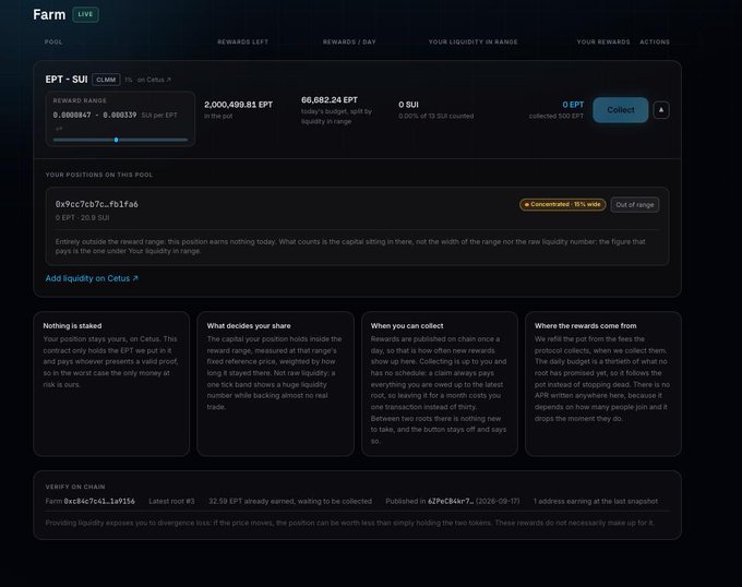 Cryptocurrency farming interface showing an EPT-SUI liquidity pool with rewards, displaying 2,000,499.81 EPT and 66,682.24 EPT earnings.