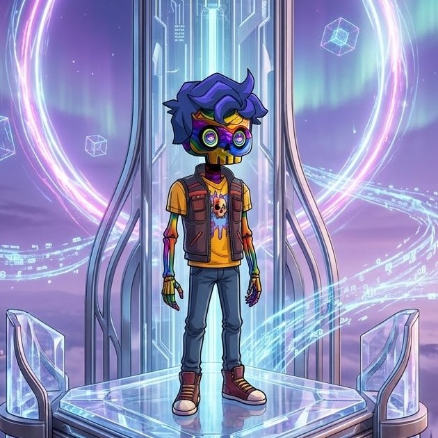 A colorful digital illustration of a character with purple hair, rainbow-colored glasses, and rainbow-patterned arms, wearing a yellow shirt with a dog graphic, brown vest, blue jeans, and red sneakers. The character stands on a crystalline platform with a sci-fi background featuring purple auroras and floating cubes.