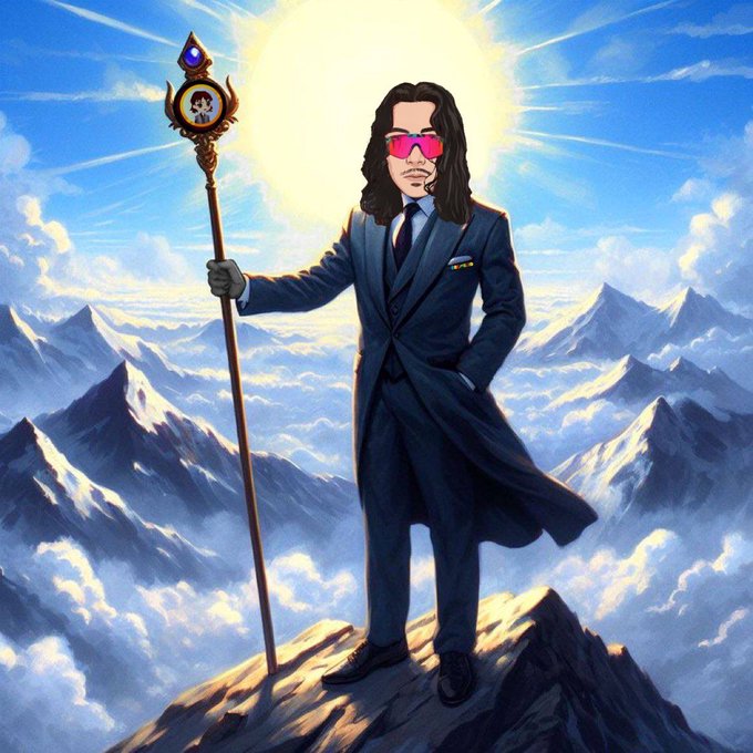 A stylized illustration of Keanu Reeves in a dark suit and pink sunglasses, standing on a mountain peak holding a staff with a Joker medallion.