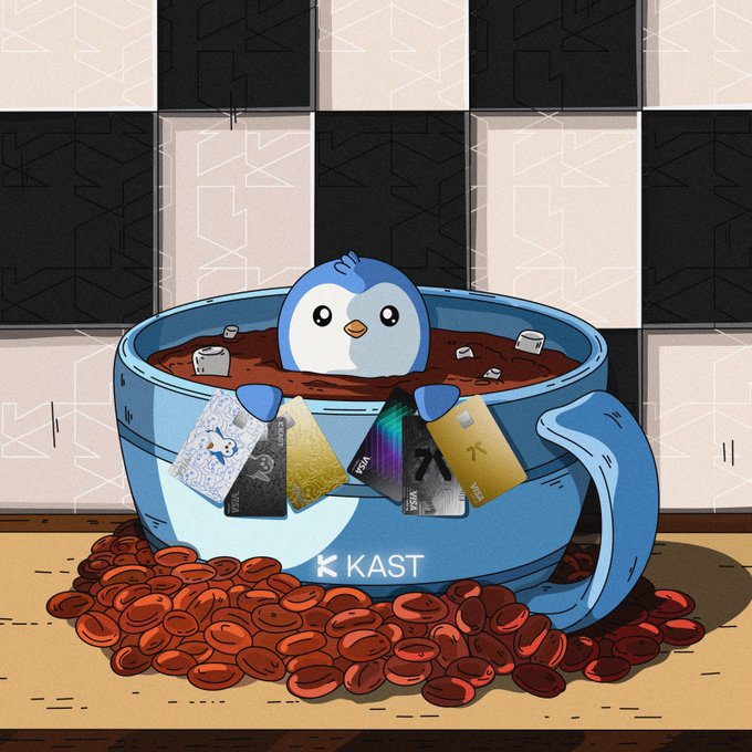 A cartoon illustration of the KAST app mascot (a blue and white penguin) sitting in a blue coffee mug filled with coffee beans, with credit cards and a coffee bag in the background, branded with the KAST logo.