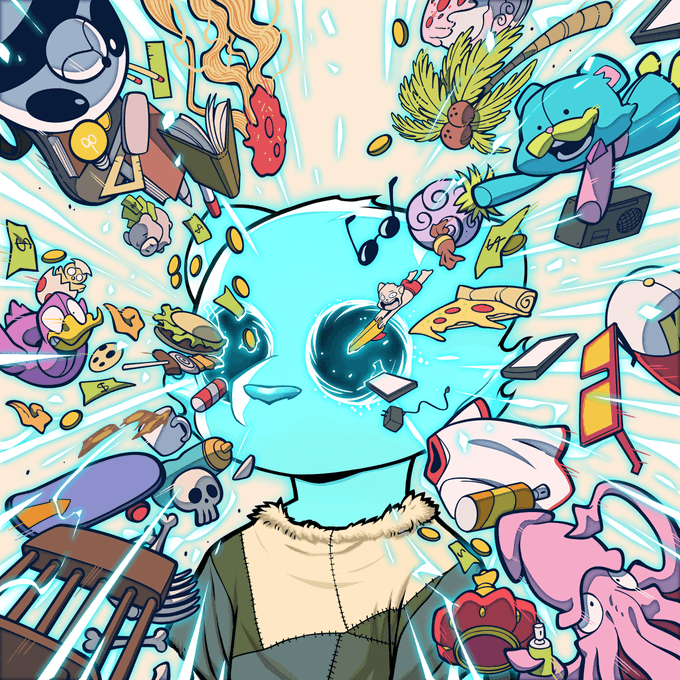 The image features a cartoon character with a green head, wearing a brown jacket and surrounded by various objects such as books, chairs, and other items. The caption reads "Kabu #3011 just sold for 0.078 ETH". This suggests that the artist has created this scene to sell their artwork or promote a product related to Kabu Comics.