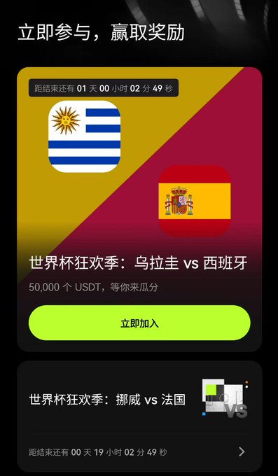 The image is a promotional graphic from OKX featuring a World Cup-themed prediction event for the Uruguay vs Spain match, showing a countdown of "距结束还有 01天 00小时 02分 49秒" and advertising a 50,000 USDT prize pool with an "立即加入" (Join Now) button. It complements the post by visualizing the free XP-based prediction game and prize split the author is encouraging readers to participate in before tomorrow's match.