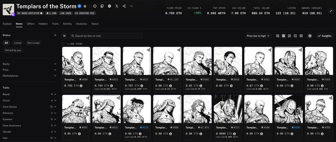 A dark-themed NFT marketplace browser page displaying the Templars of the Storm collection with grayscale artwork thumbnails priced in ETH.