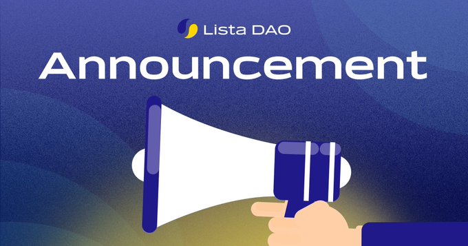 A blue announcement graphic from Lista DAO featuring a megaphone icon with the text "Announcement" displayed prominently.