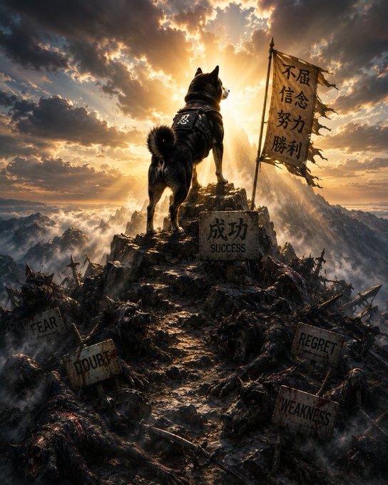 An AI-generated motivational image of a dog wearing a tactical vest standing on a mountain peak at sunrise, holding a banner with Chinese characters meaning 'Don't yield, believe in effort, victory', surrounded by defeated shadowy figures labeled 'FEAR', 'DOUBT', 'REGRET', and 'WEAKNESS' below a stone marked 'SUCCESS'.