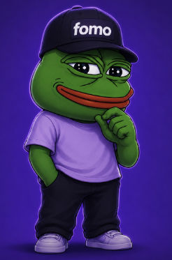 A 3D rendered illustration of the Pepe the Frog meme character wearing a purple shirt and a black cap with the word 'fomo' on it.
