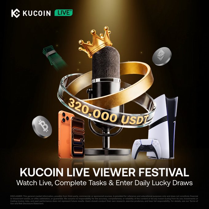 A promotional advertisement for KuCoin Live Viewer Festival featuring a crowned microphone with '320,000 USDT' displayed on a ring, surrounded by prizes including Bitcoin, Ethereum, cash, an iPhone, and a PlayStation 5.