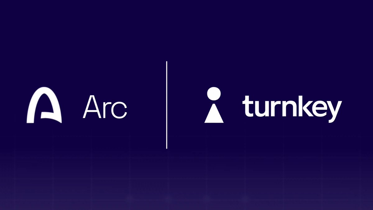 The image features a logo for Arc and TurnKey, both written in white text against a blue background. The Arc logo is positioned above the TurnKey logo, creating an interesting visual contrast between the two brands. Below the logos, there's a caption that reads "gArc friends It' s time for another Sunday @Arc Ecosystem Highlights drop and this time I want to talk about @turnkeyhq A lot of crypto products focus on getting users connected, but the real challenge starts after that As apps begin handling payments, treasury operations".
