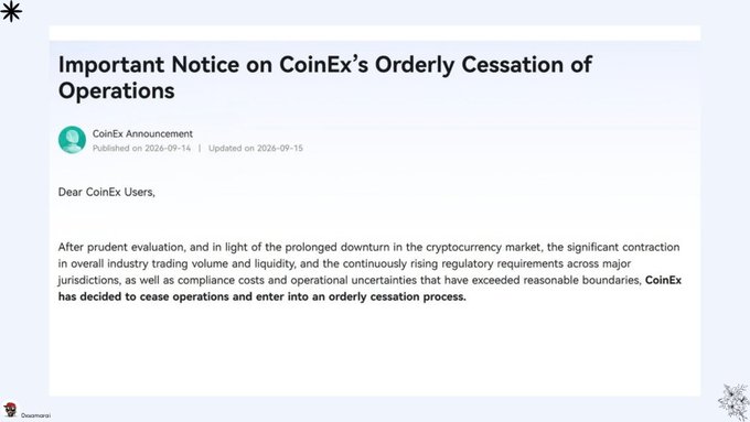 An announcement titled 'Important Notice on CoinEx's Orderly Cessation of Operations' dated 2026-09-15, citing market downturn and regulatory issues as reasons for ceasing operations.