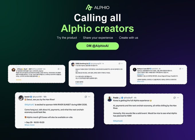 A promotional graphic from Alphio titled "Calling all Alphio creators" encouraging users to "Try the product, Share your experience, Create with us" and to "DM @AlphioAI," featuring several testimonial social media posts.